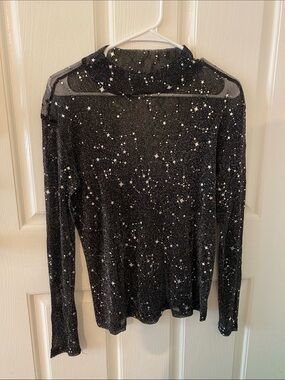 Women's Black Sheer Star Print Long Sleeve Tee